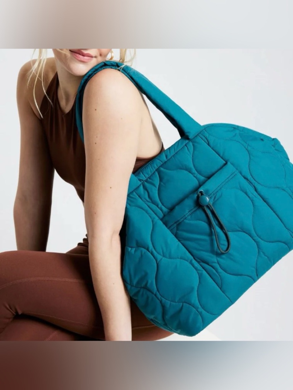 Vera Bradley Featherweight Tote Bag Teal Blue Nylon Double Strap Zip Closure